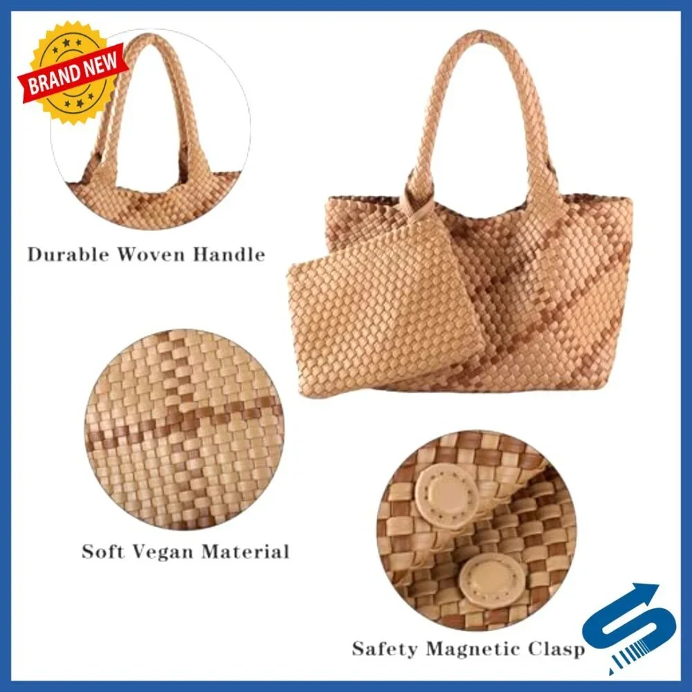 Woven Vegan Leather Tote Bag with Detachable Clutch Elegant Boho Chic